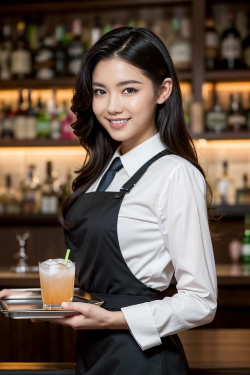 03684-3512445854-1girl, (bar waitress_1.2), stylish and chic uniform, hair styled for a vibrant look, friendly and approachable expression, (hold.png